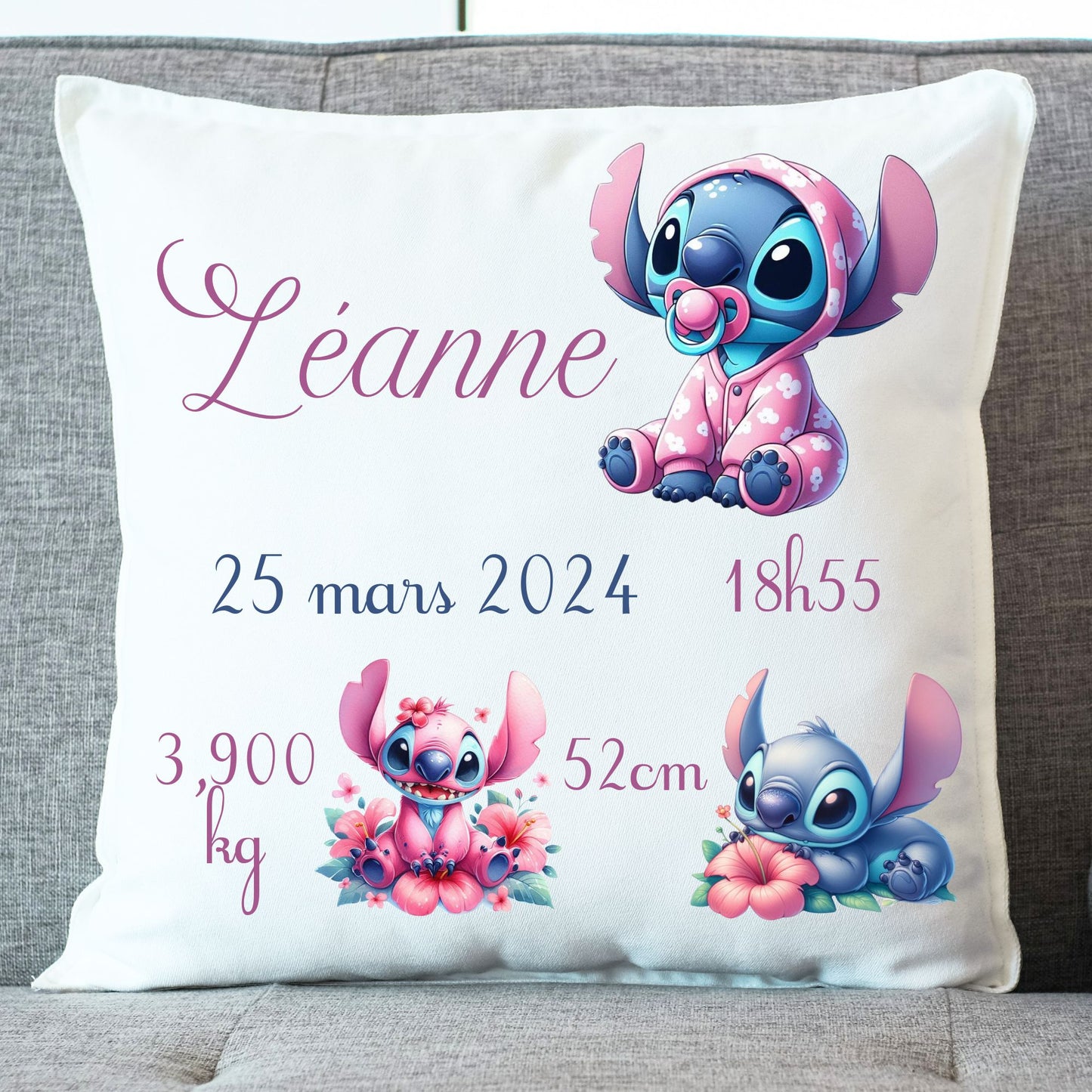 coussin stitch naissance personnalise prenom