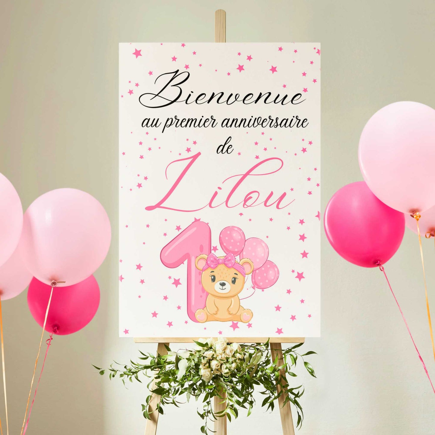 affiche anniversaire 1 an fille ourson