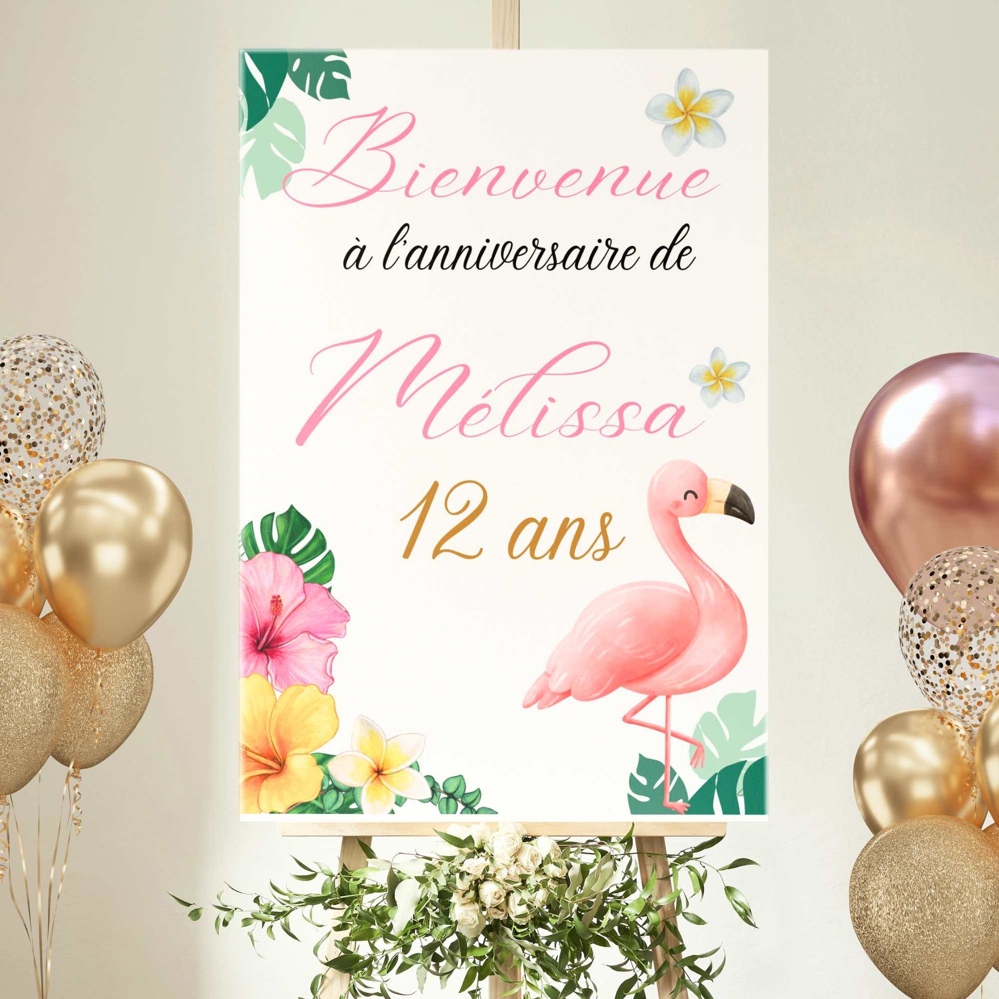 affiche anniversaire tropical flamant rose prénom age