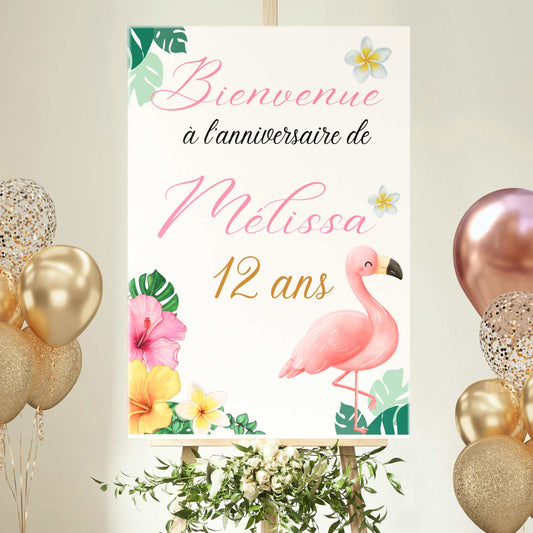 affiche anniversaire tropical flamant rose prénom age