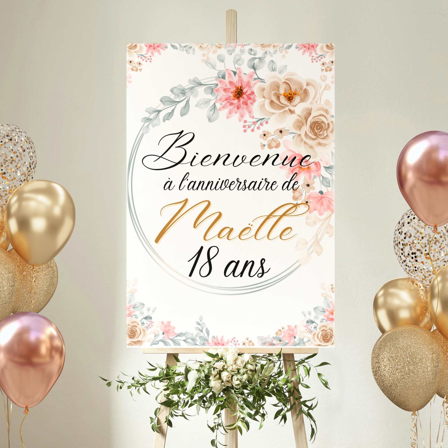 affiche anniversaire couronne florale prénom age