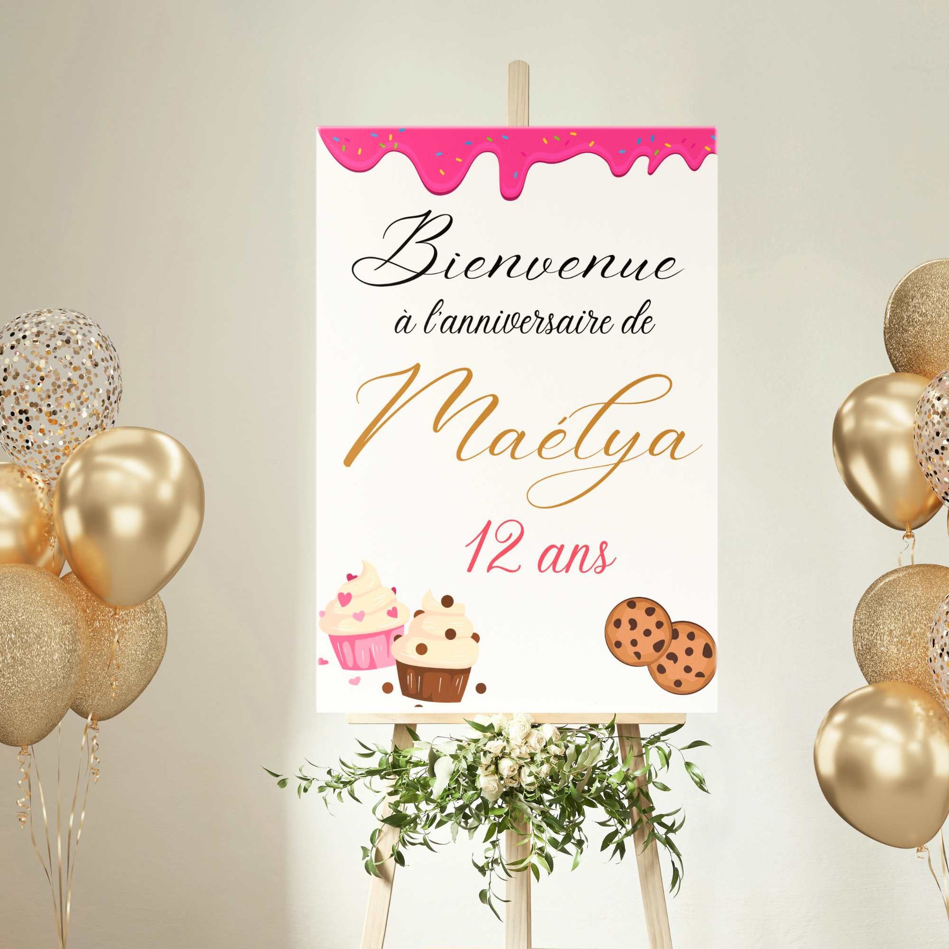 affiche anniversaire bienvenue prénom age cup cakes