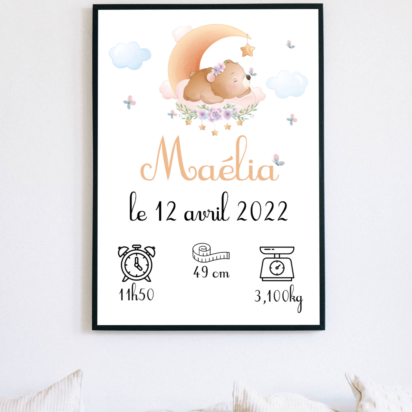 affiche naissance personnalise ourson prenom