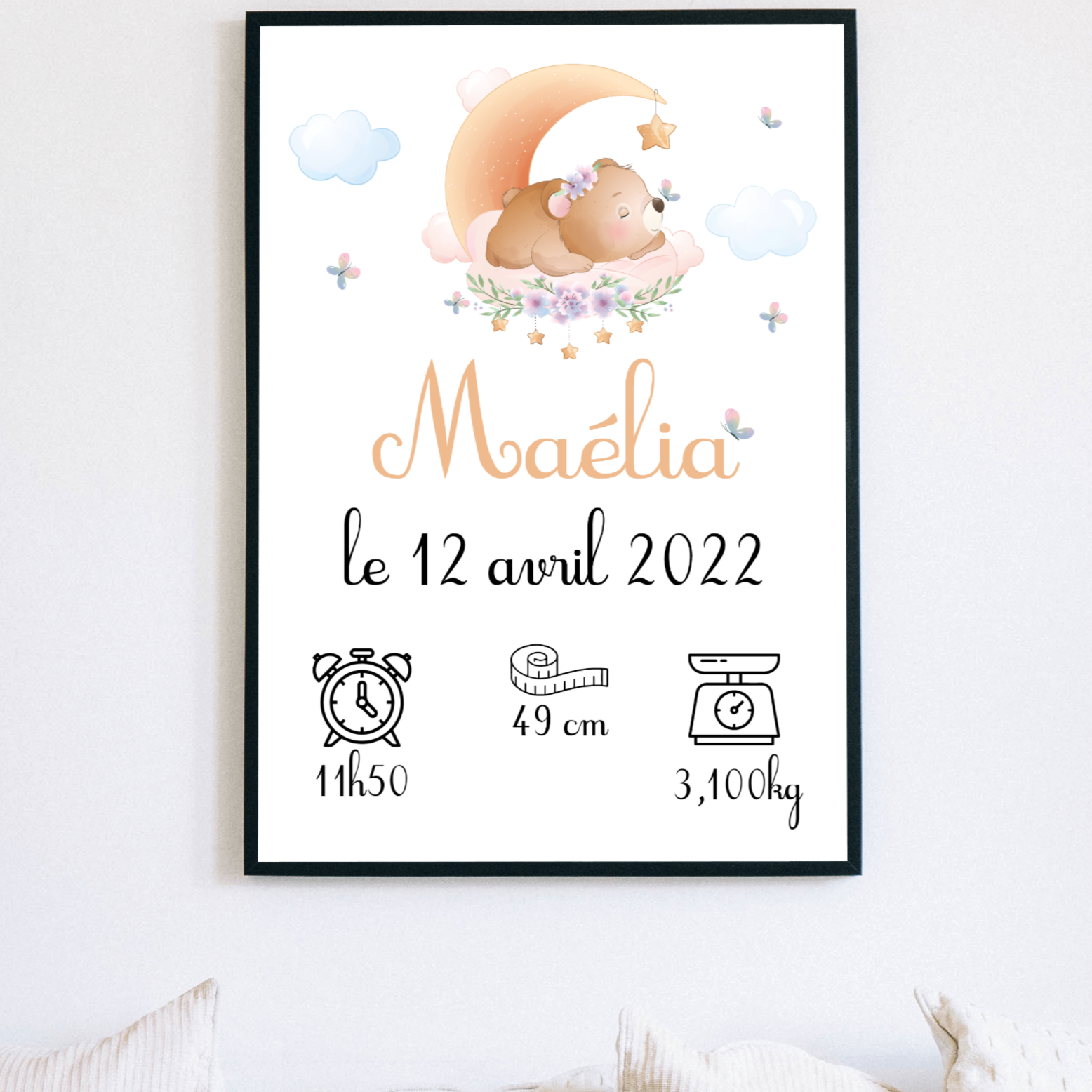 affiche naissance personnalise ourson prenom