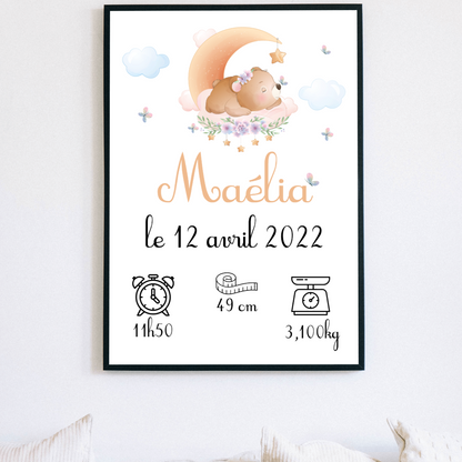 affiche naissance personnalise ourson prenom