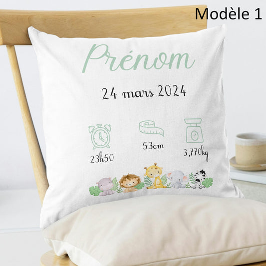 coussin personnalisé naissance safari kids