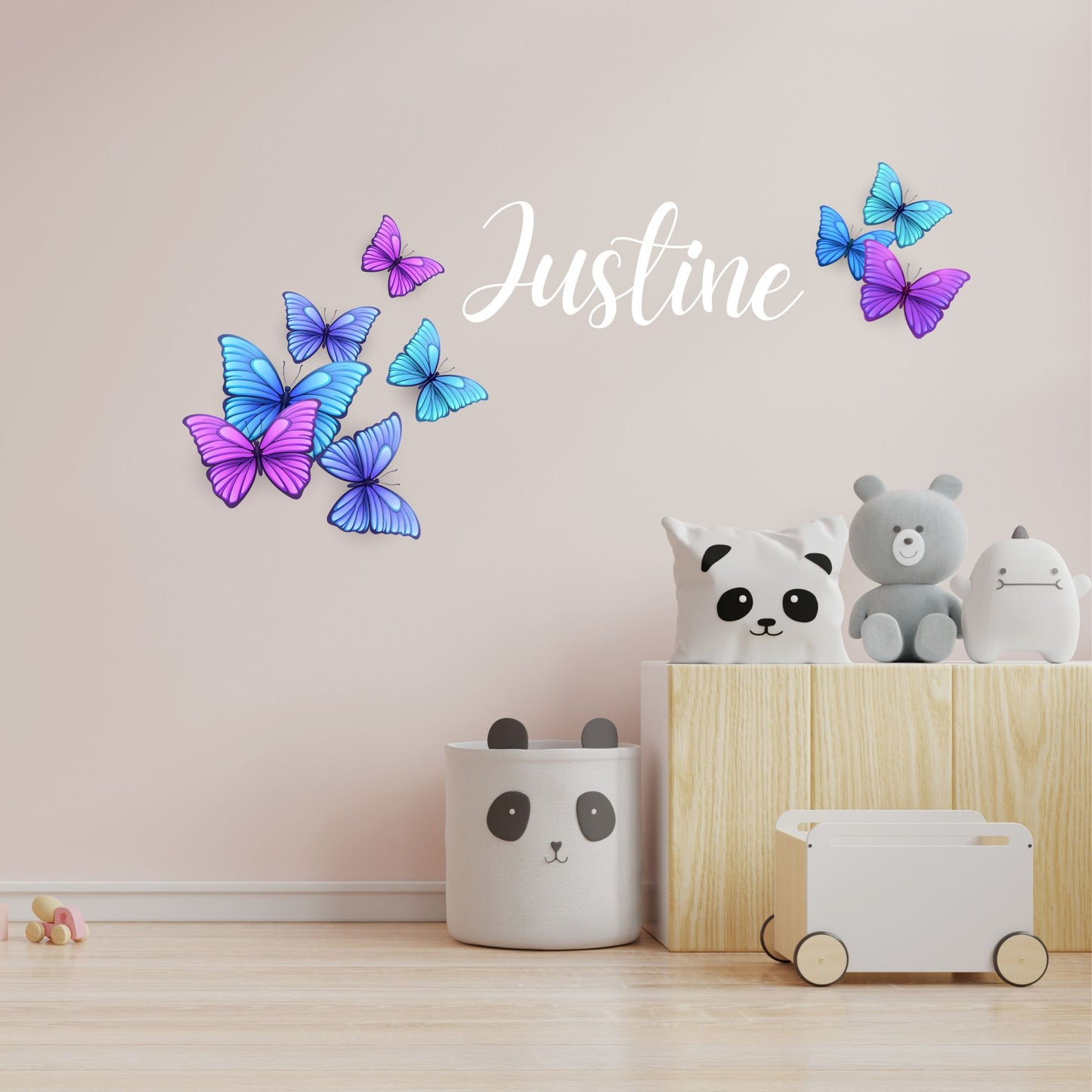 stickers papillons volants bleu violet prenom