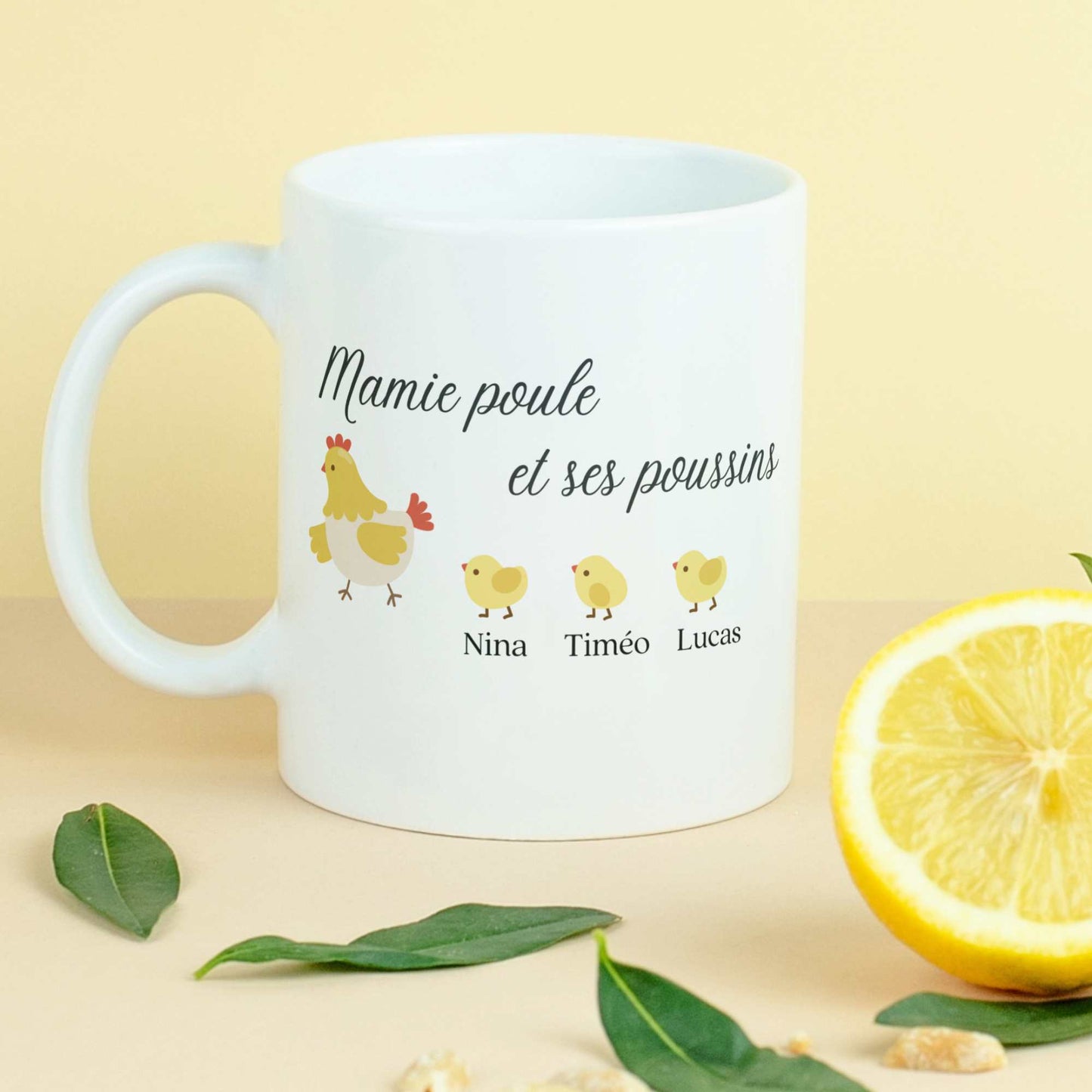 tasse personnalisée mamie poule avec prénom petits enfants